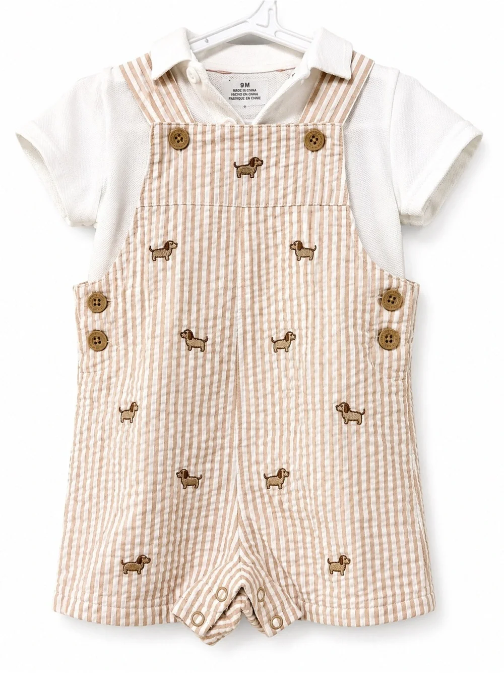Little Me Beige Striped Puppy Embroidered Shortalls